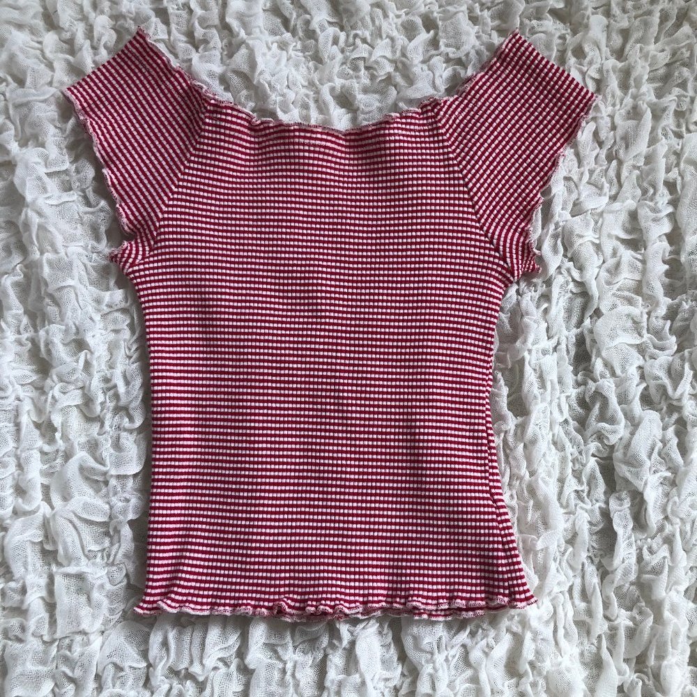 Red & White Striped Off the Shoulder Smock Shirt